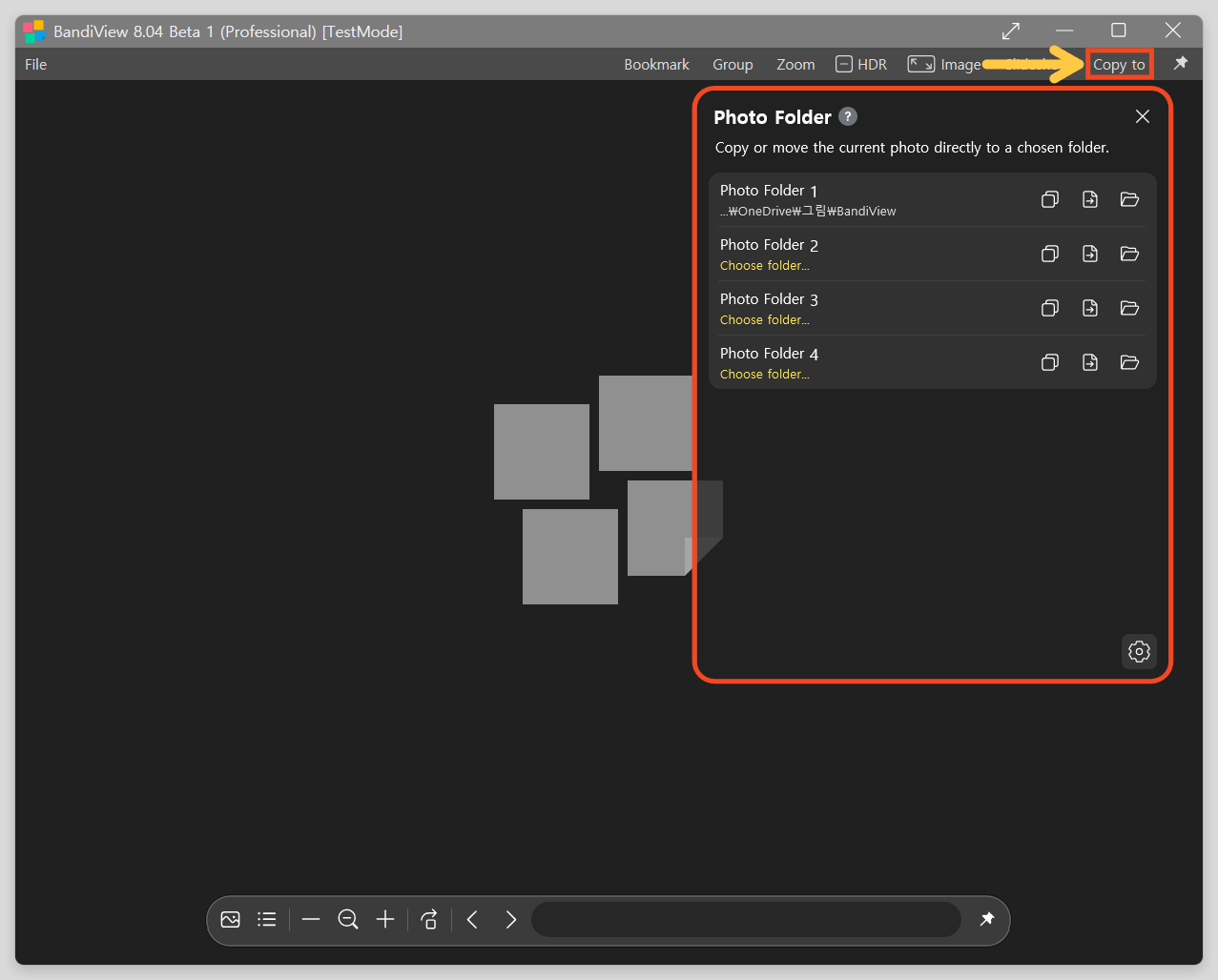 The Copy to menu at the top right of BandiView with the Photo Folder panel open
